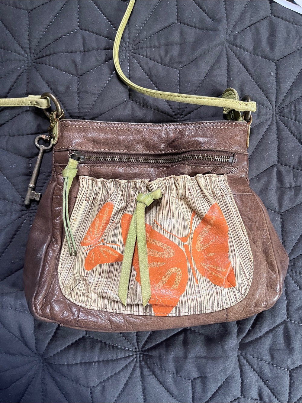 Fossil Brown Leather Crossbody with Orange Floral Front and Green Strap
